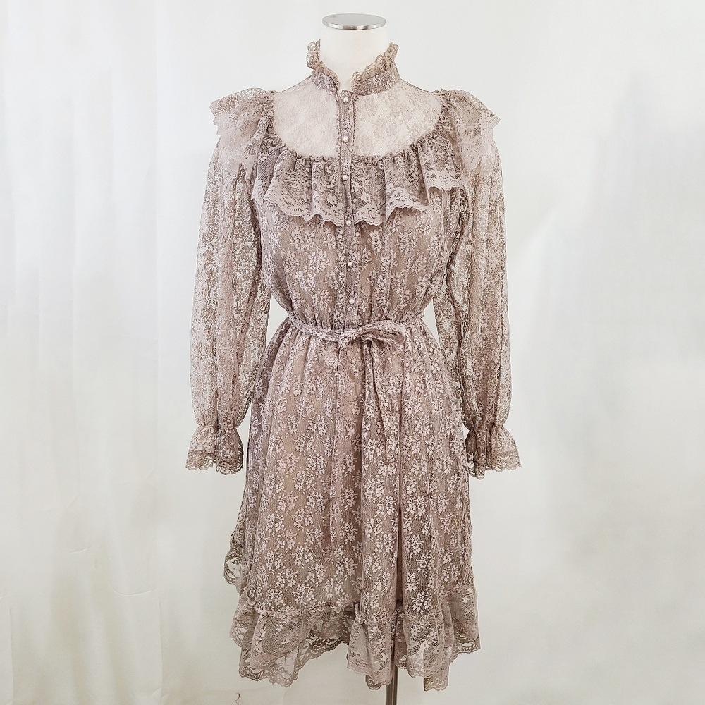 Vintage 70s victorian revival lace dress taupe gray sheer ruffles tiered